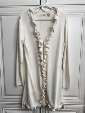 ravel Cream with Ivory Ruffle-Trim Long Sleeve Open Cardigan Sweater Coat Jacket